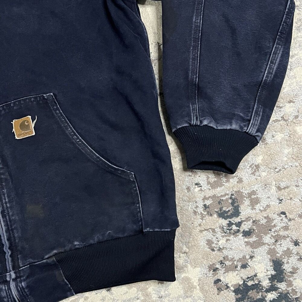 Vintage Carhartt Faded Navy Hooded Thermal Lined Canvas Jacket J25MDT Sz L Tall - Picture 13 of 15